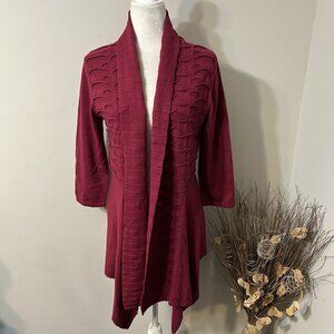 AVA Open Front Cardigan Sweater Women Pink Open Knit Scalloped Shoulder & Back M